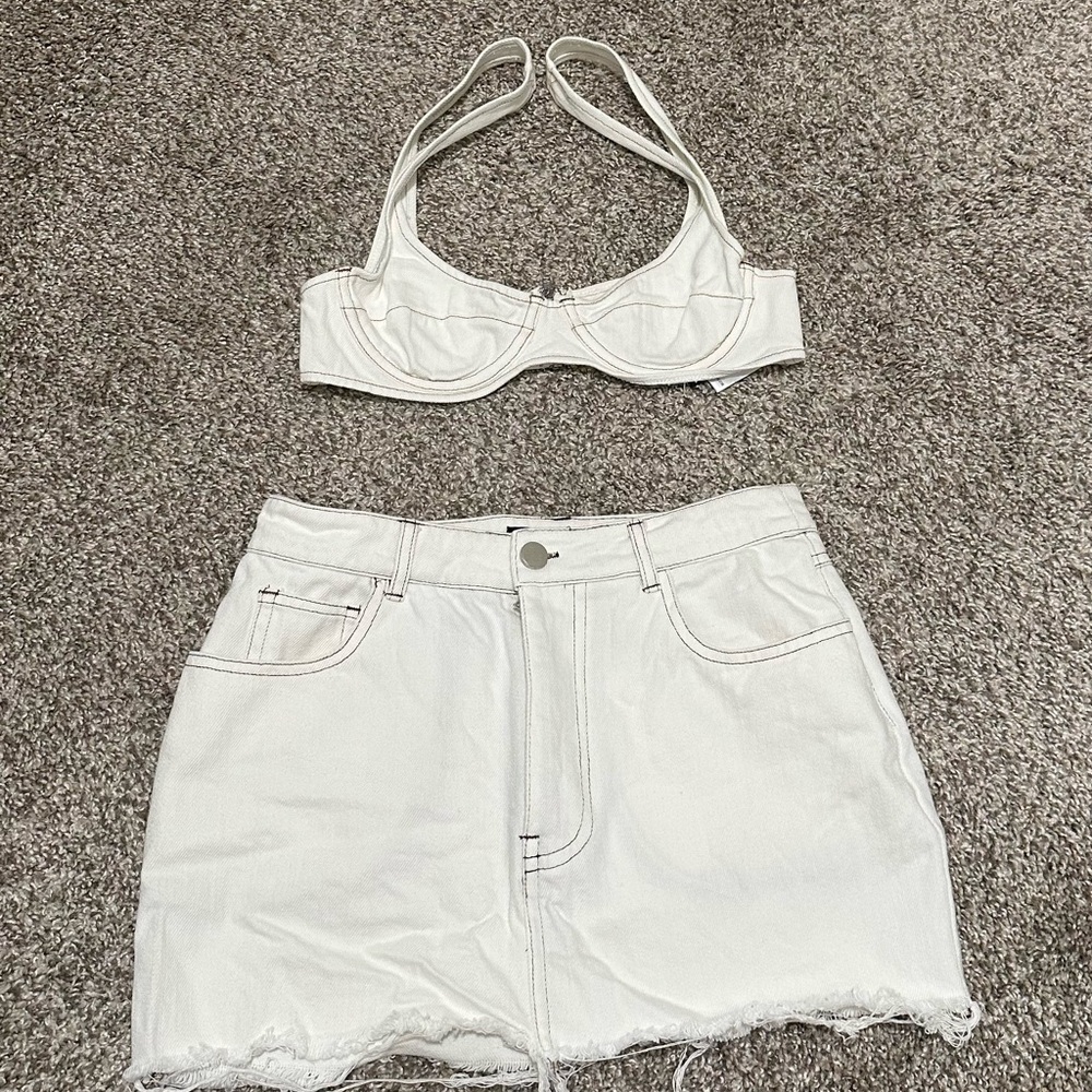 White Denim Bralette Top and Skirt Set